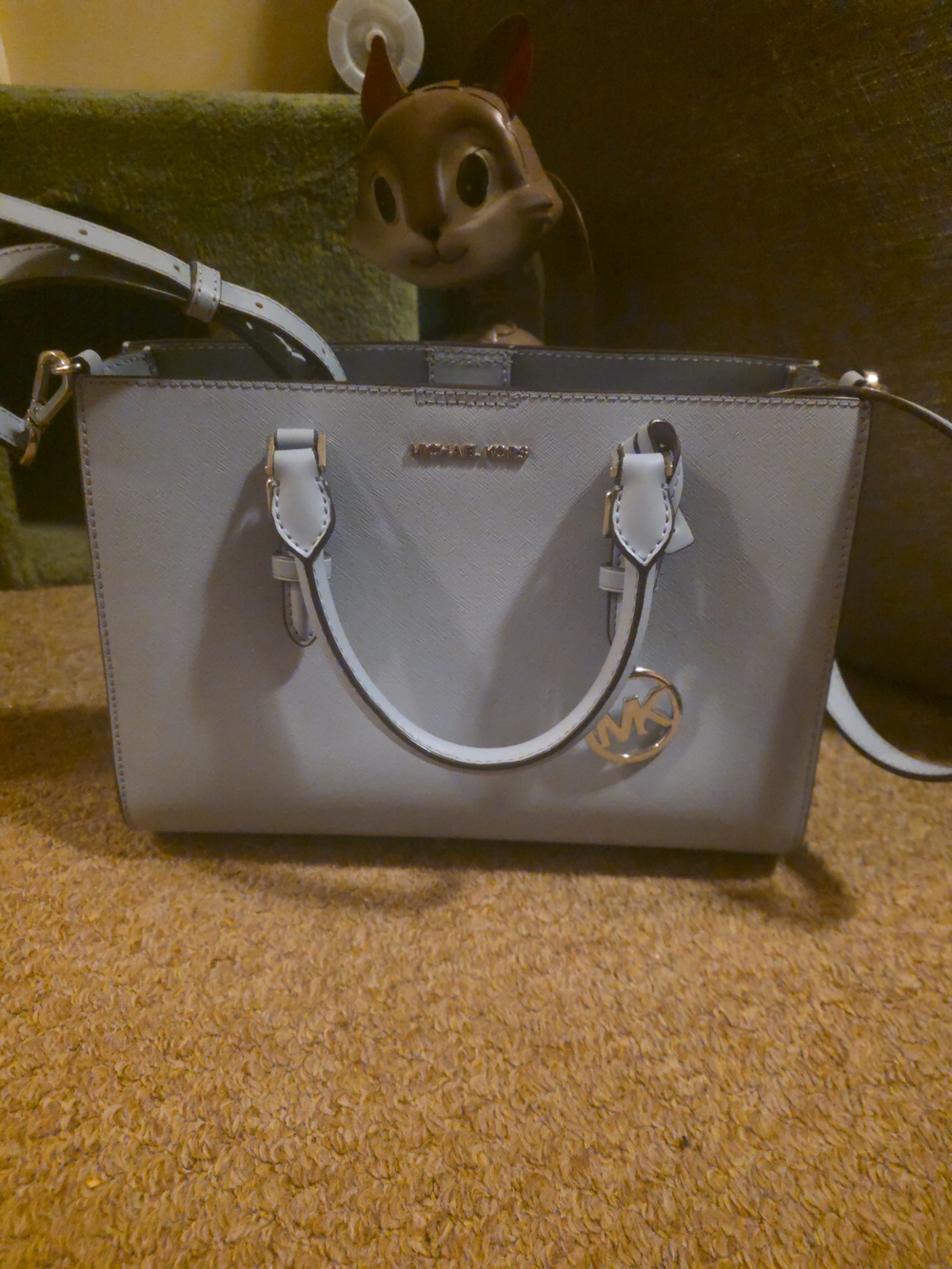 Michael Kors Light Gray Leather Satchel with Gold MK Charm